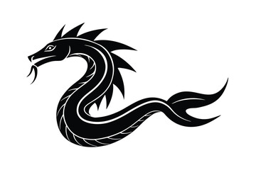 Stylized black silhouette of a serpentine dragon