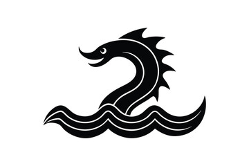 Stylized silhouette of a sea dragon emerging from waves