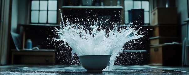 Milk splash in bowl, dark room