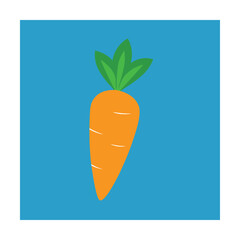 A vibrant cartoon illustration of a fresh orange carrot with green leaves and blue background
