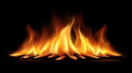 Fiery campfire on black background