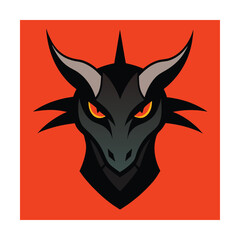 Fierce black dragon head illustration with fiery eyes against a vivid orange background