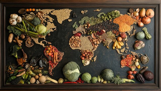 World map adorned with diverse foods