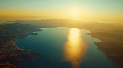 Fototapeta premium Golden sunset over a bay, mountain range visible