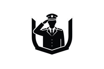 Military officer silhouette saluting shield emblem design