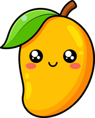 Mango character with bright yellow color and cute cartoon eyes in fun flat vector illustration for icons