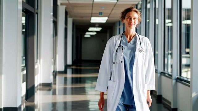confident female doctor walking in hospital hallway
