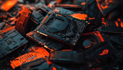 Many circuit boards, illuminated in orange and black