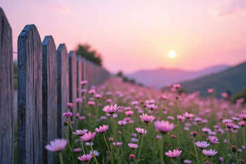 beautiful pink cosmos flower field at sunset with warm golden light, featuring a rustic wooden fence in the foreground, perfect for nature, floral, countryside, and peaceful landscape themes
