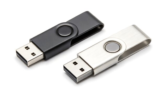 Modern black and silver usb flash drives isolated on a white background representing technology and data storage