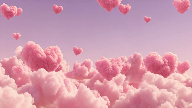 Fantasy sky with pink fluffy heart clouds floating in dreamy pastel atmosphere during soft sunset