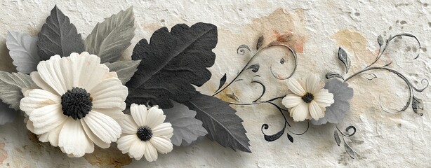 Monochrome Floral Symbolism with detailed black and gray cutouts on rough paper texture, elegant stylized petals and scrolls in poetic radial design