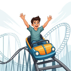Teenage boy cartoon character enjoying rollercoaster ride racing along rails in amusement park, vector art