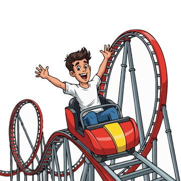  Cartoon teenage boy riding fast rollercoaster having fun at amusement park, isolated on white background, vector art