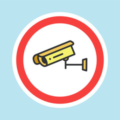 Video surveillance label, CCTV camera sticker made flat color style, vector illustration