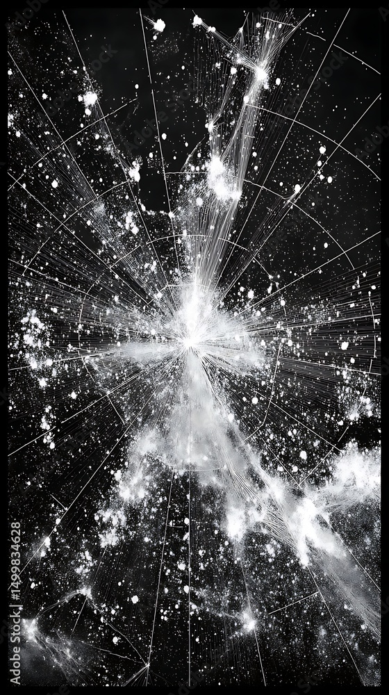Poster abstract white light burst on black background with geometric line and spot compositions.