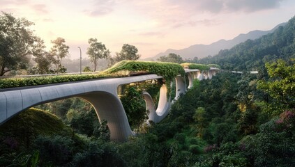 Lush, elevated concrete bridge through verdant valley at dawn