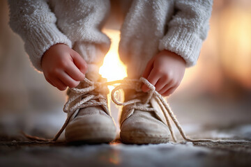 Close-Up of a Child Tying Shoelaces in Cozy Winter Clothes at Sunrise