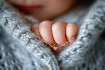 A soft close-up of a baby gently clutching a gold necklace, symbolizes new beginnings, love, and precious bonds.