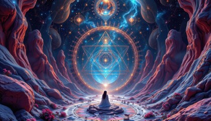 create a 3d surreal illustration featuring sacred geometry and mysterious psychedelic relaxation patterns