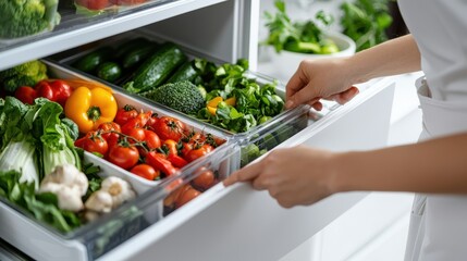 Woman Organizing Fresh Vegetables in Refrigerator for Healthy Living