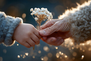 Child Giving Flowers to Elderly Hand – Generations United in Love. shallow depth of field. 