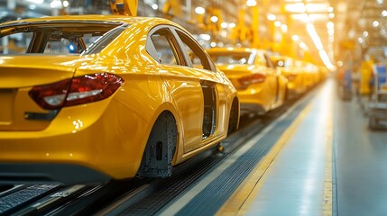 Yellow cars on factory assembly line
