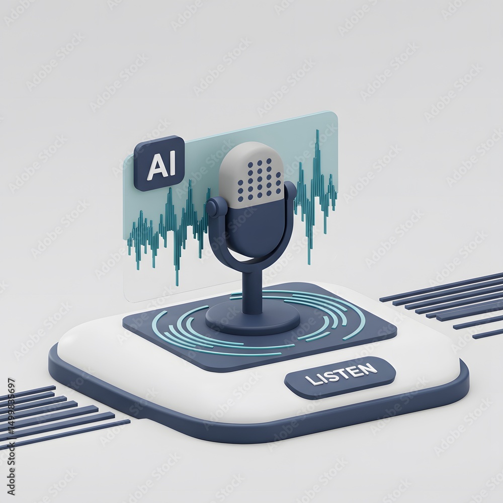 Poster 3d a futuristic, digital device with a microphone and waveforms, symbolizing the integration of ai a