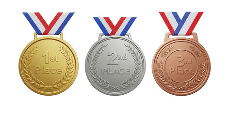 Set of medals png. Gold silver bronze medals first second third place award achievement isolated on a transparent background