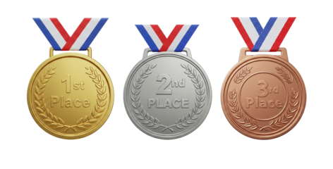 Set of medals png. Gold silver bronze medals first second third place award achievement isolated on a transparent background