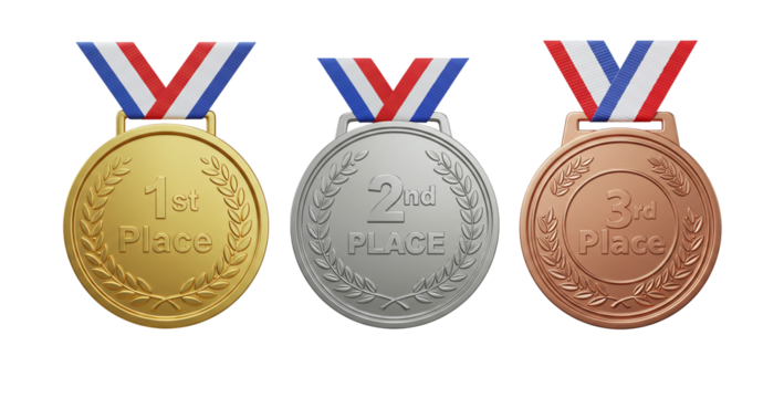 Set of medals png. Gold silver bronze medals first second third place award achievement isolated on a transparent background