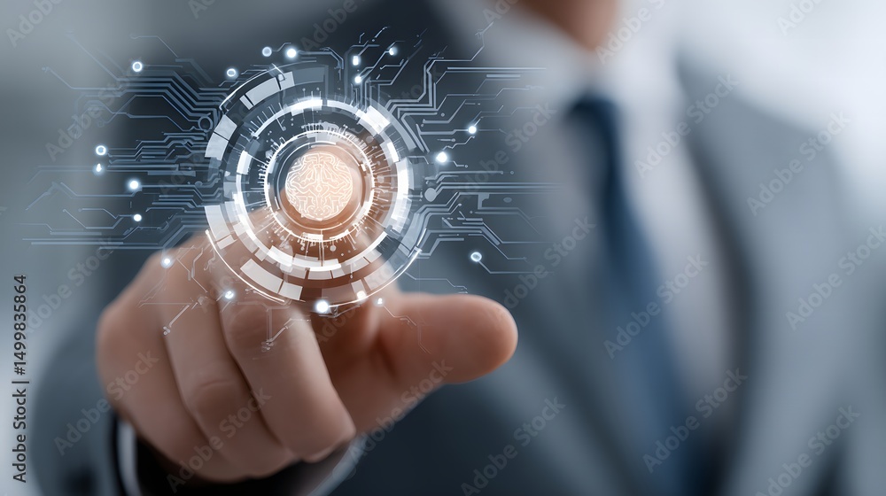 Poster businessman touching circular digital hologram button with finger in a high-tech environment display