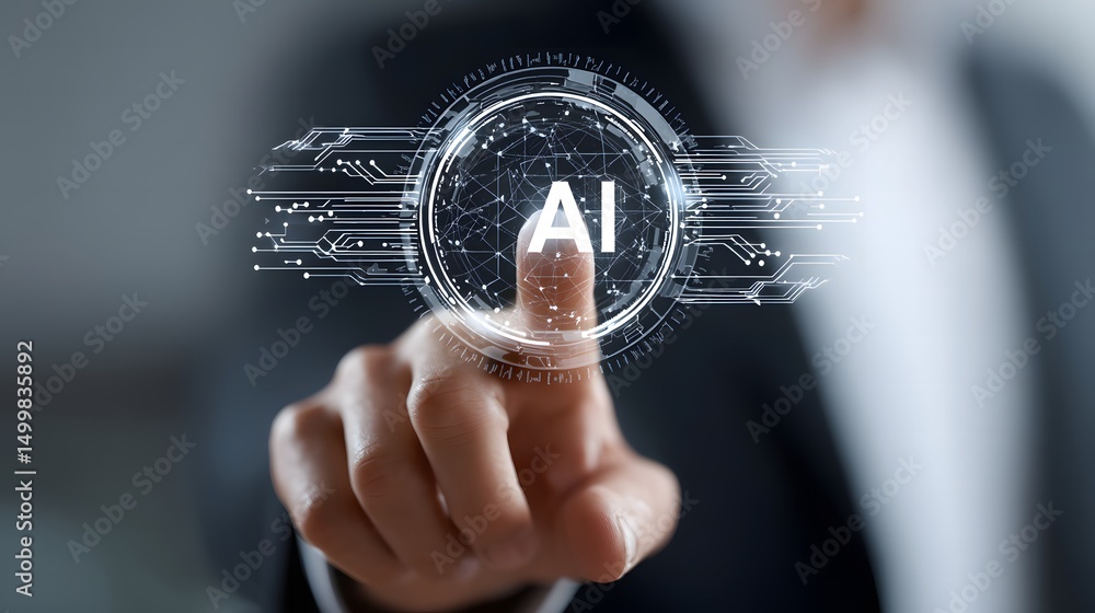 Poster businessman engaged with circular digital hologram button using finger in a high-tech workspace for 