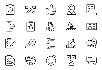 Survey thin line icons set. Rating, feedback, opinion icon. Editable stroke. Outline icons vector collection.