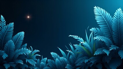 Obraz premium Tropical Night Scene: Lush tropical foliage bathed in an ethereal blue light, creating a serene and mysterious atmosphere.