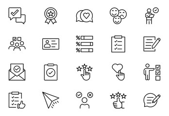 Survey thin line icons set. Rating, feedback, opinion icon. Editable stroke. Outline icons vector collection.