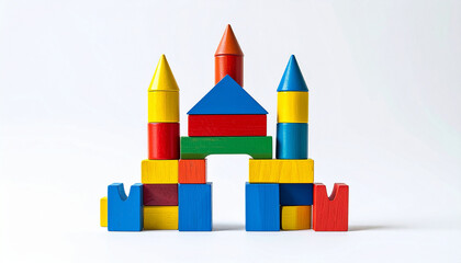 un castillo o palacio de juguete con piezas o cubos de madera de colores hecha para ni&ntilde;os