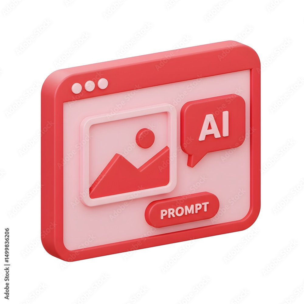 Poster 3d icon featuring a red and pink palette. it depicts a window with a speech bubble containing the te