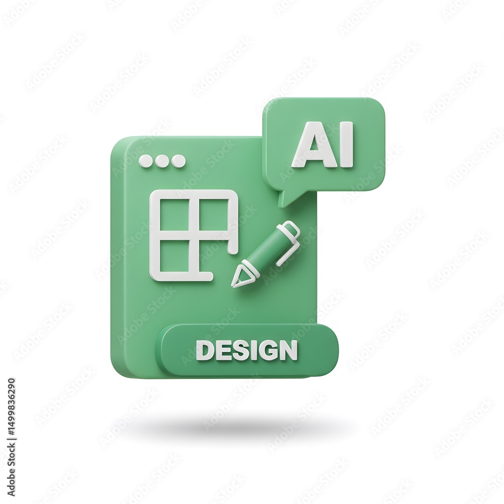 Poster 3d illustration featuring a green interface with a pen and a speech bubble that says \