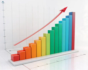 Colorful bar graph with red arrow showing upward trend isolated on white background