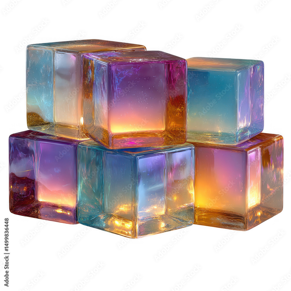 Poster stack of colorful glass cubes isolated on transparent background