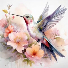 Obraz premium Pastell-Kolibri im Blütenmeer – zarte Aquarellmalerei