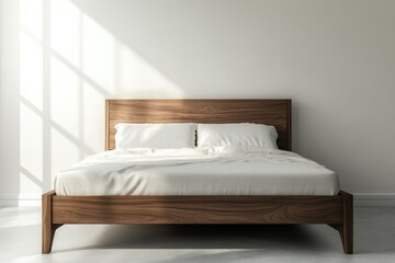 Empty bedroom with wooden bed, sunlight