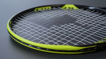 Close-up view of a tennis racket's string pattern and frame.