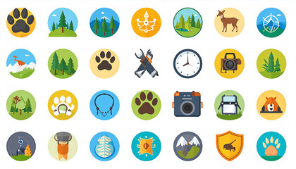 Fototapeta premium Colorful circular icons depict various outdoor adventure themes wildlife, landscapes, equipment, and timekeeping, showcasing a diverse range of activities and elements found in nature and exploration