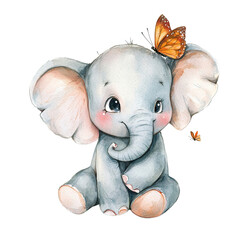 Cute baby elephant with butterfly.