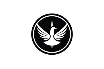 Black circle logo featuring white dove silhouette wings spread
