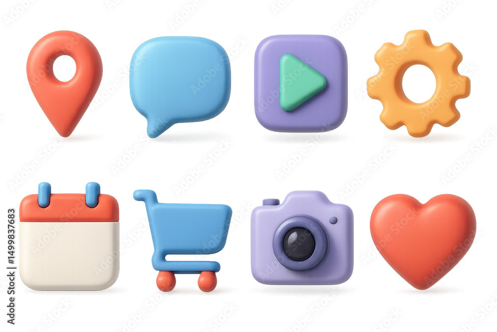 Poster 3d set of mobile app icons. simple style symbols for interface and design