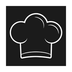Simple minimalist illustration of a chef's hat in a striking white outline on a black background.