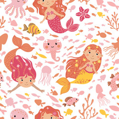 Seamless vector pattern with cute mermaids, fish, jellyfish, and octopuses in flat cartoon style. Isolated on white background. Perfect for kids’ textiles, wrapping paper, and underwater-themed decor.